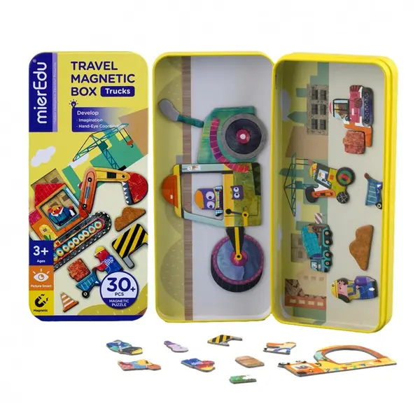 Puzzle magnetic in cutie metalica - Camioane, 30 piese | MierEdu