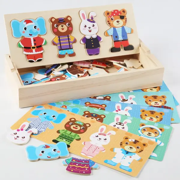 Puzzle Montessori din lemn - Asociere vestimentatie animale, 4 personaje (urs, iepure, elefant, tigru)