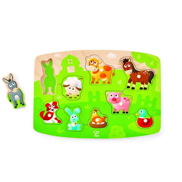 Puzzle Peg din lemn Hape Animale de Ferma 10 piese