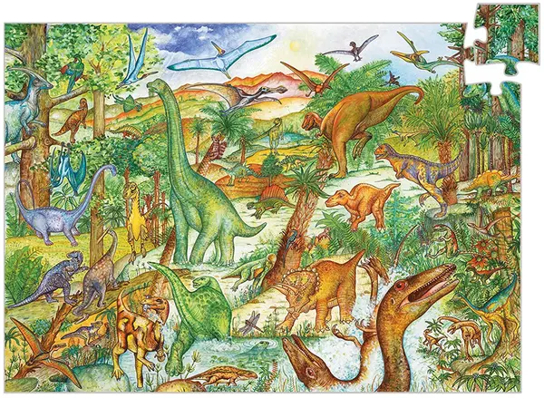 Puzzle pentru atentie Djeco 100 piese - Dinozauri, cu o carte
