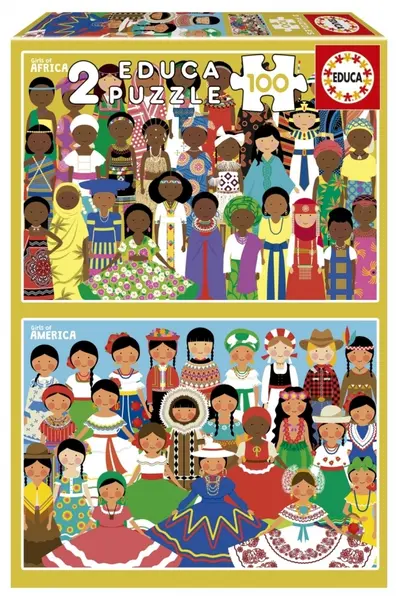 Puzzle pentru copii Educa de 2 x 100 piese - Fete din America și Africa