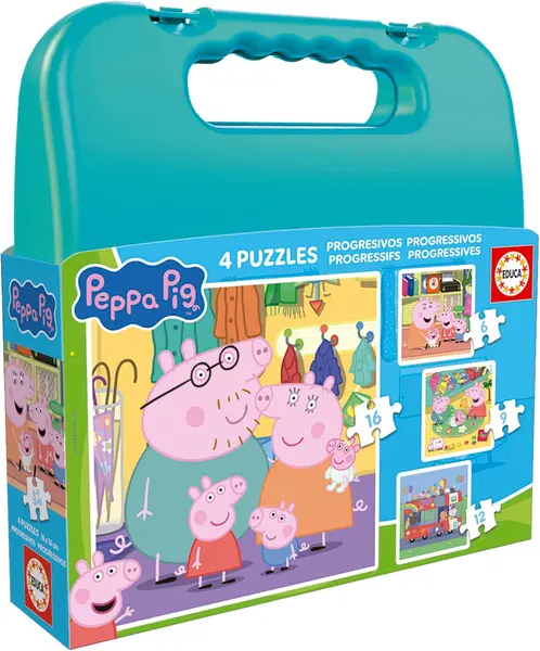Puzzle pentru copii în servietă Educa 4 în 1 - Purcelușa Peppa