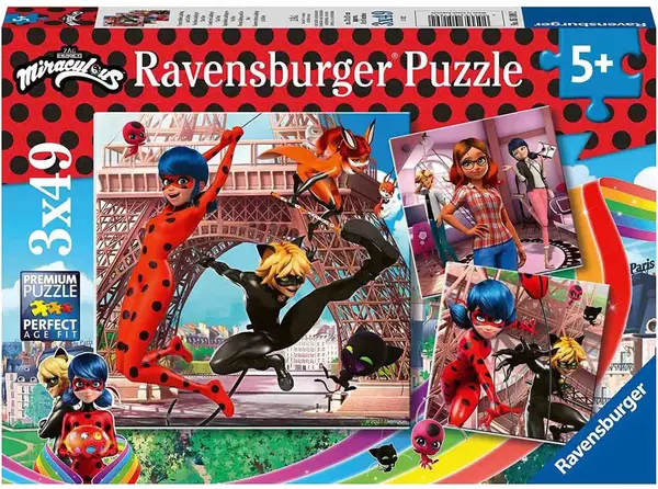 Puzzle pentru copii Ravensburger din 3 x 49 piese - Buburuza și Pisica