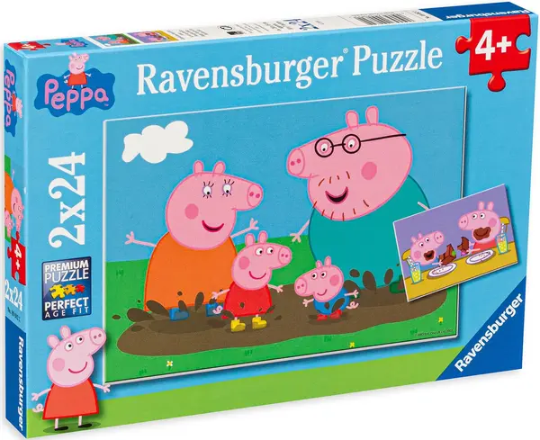 Puzzle Ravensburger din 2 x 24 de piese - Peppa Purcelusul si familia fericita