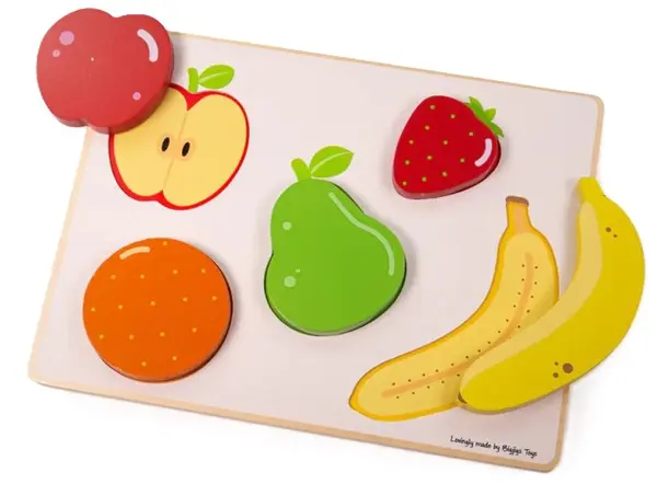 Puzzle senzorial din lemn Bigjigs - Fructe, Ridicare și Vedere