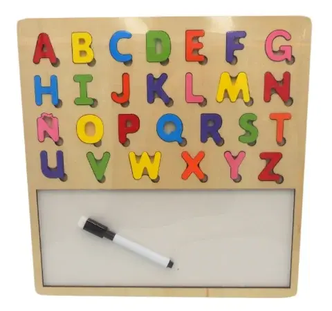 Puzzle-tabla din lemn cu litere si desenare - Montessori 28 de piese ZukiToys.ro