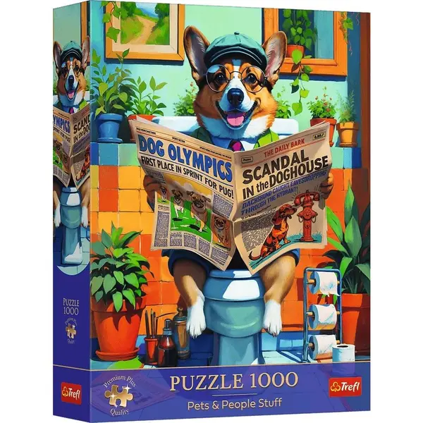 PUZZLE TREFL 1000 PREMIUM PLUS ANIMALE DE COMPANIE SI OAMENI CORGI LA TOALETA