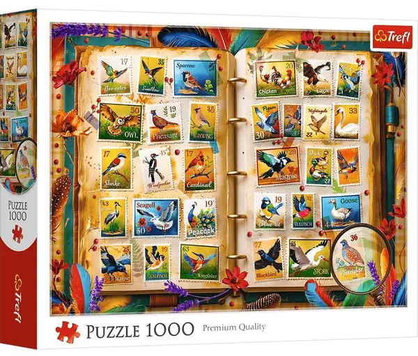 Puzzle Trefl din 1000 piese - Colecție de timbre de păsări