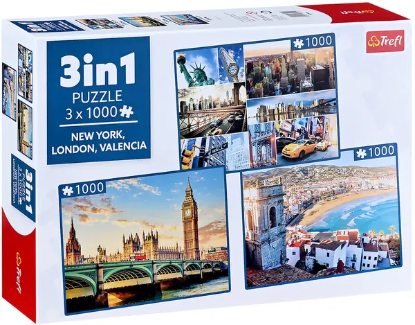 Puzzle Trefl din 3 х 1000 piese - New York, Londra, Valencia