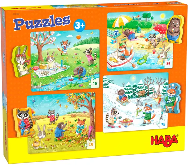 Puzzle-uri pentru copii Haba 4 x 15 - Anotimpuri, cu 4 figurine din lemne