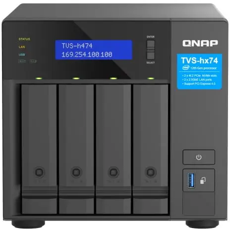 QNAP QNAP TVS-h474-PT-8G NAS Tower, 4 disk bays, Intel Pentium Gold G7400 2-core 4-thread processor, up to 3.7GHz
