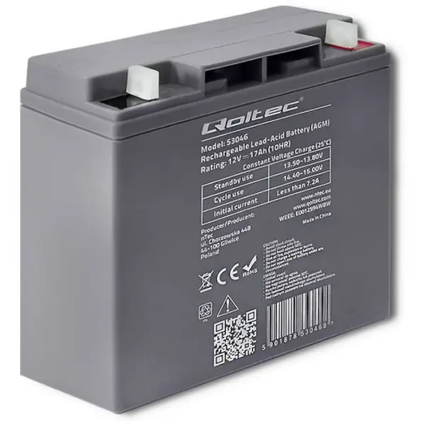 QOLTEC Acumulator Agm, Qoltec, 53046, Tehnologie: Agm, Tip Acumulator: Vrla, Tensiune: 12V, Curent Maxim De Incarcare: 5.1A, Dimensiuni: 76.5 x 180 x 166 mm, Gri