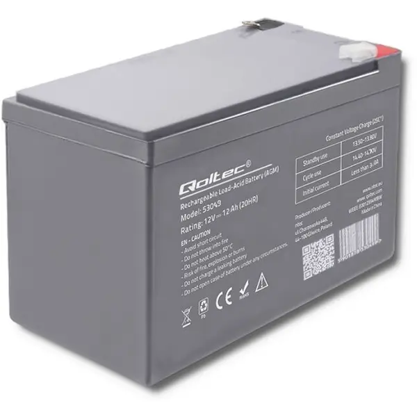QOLTEC Acumulator Agm, Qoltec, 53049, Tip Acumulator: Vrla, Tehnologie: Agm, Curent Maxim De Incarcare: 3.6A, Curent Maxim De Descarcare: 180A (5 Sec), Dimensiuni: 95 x 150 x 98 mm, Gri