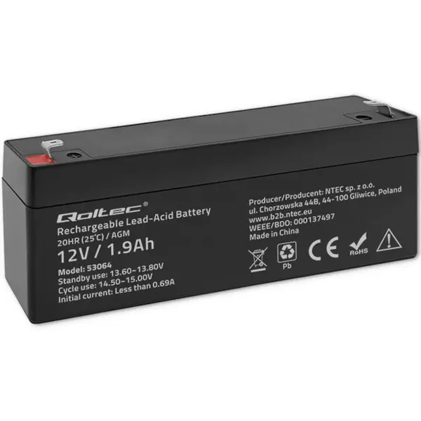 QOLTEC Baterie AGM, Qoltec, 53064, 12V, 2.3Ah, max. 34.5A, Capacitate 2.3 Ah, Tensiune 12 V, Conectori T1 Fast-On 187, 35 x 178 x 60 mm