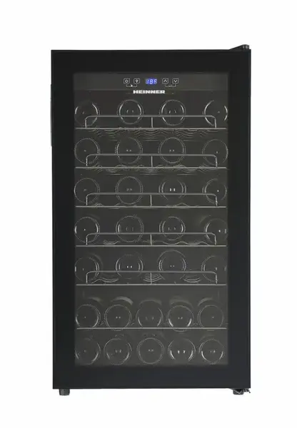 Racitor de vinuri HEINNER HRV-A118DRM40, 118 l, Clasa G, 40 sticle (750 ml), Display LED, 5+1 rafturi metalice cromate, Usa reversibila (Negru)