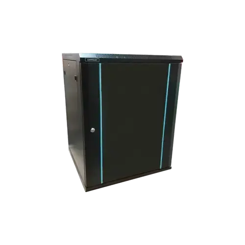 Rack 12U 600x450 DATEUP RAL 9004, dezasamblat, montare pe perete, usa din sticla, panouri laterale detasabile si securizate