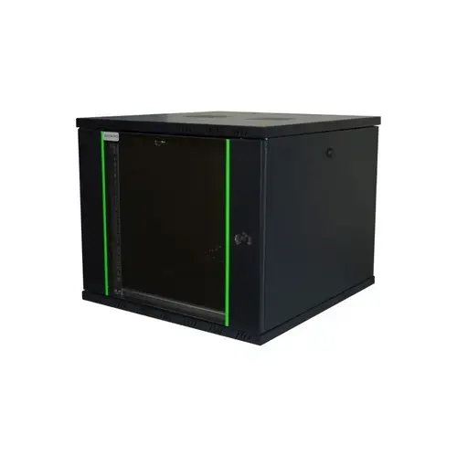 Rack 19'' 12U 600x450 DECKRO RAL9005 D-META-2, de perete, usa din sticla, panouri detasabile si securizate, dezasamblat, capacitate 100kg