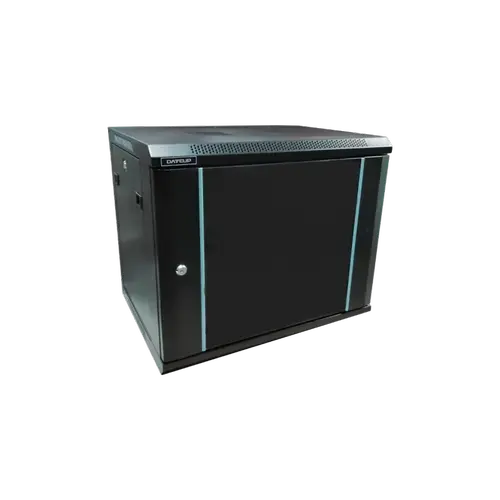 Rack 9U 600x600 DATEUP RAL 9004, dezasamblat, montare pe perete, usa din sticla, panouri laterale detasabile si securizate