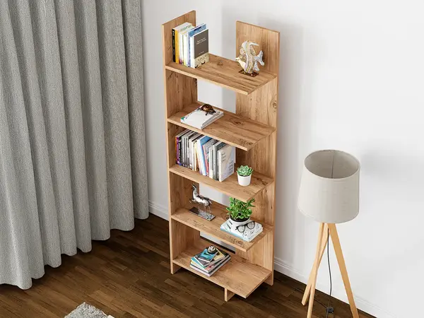 Raft Biblioteca Asimetric 5 Polite MDF Negru Decorativ Perete