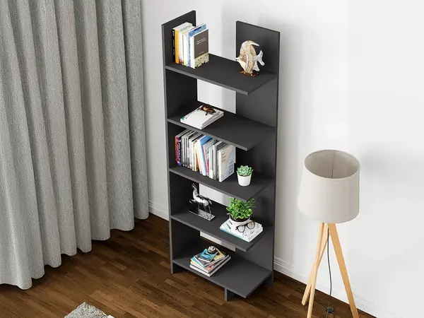 Raft Biblioteca Asimetric 5 Polite MDF Negru Decorativ Perete