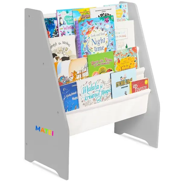 Raft de Carti pentru Copii, Organizator cu etajere din textil, pentru depozitare jucarii, carti si caiete. Mobilier din Lemn MDF, 71.5 x 62 x 30 cm - Gri