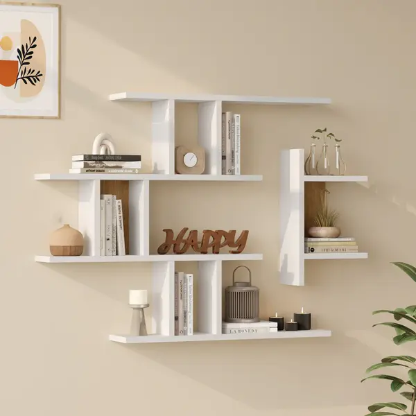 Raft de perete multifuncțional Ledia alb cu stejar, Modern, MDF, 111x15x78 cm