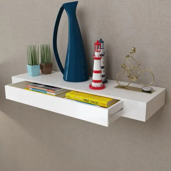 Raft de perete suspendat, 1 sertar, depozitare carti/dvd, alb, mdf