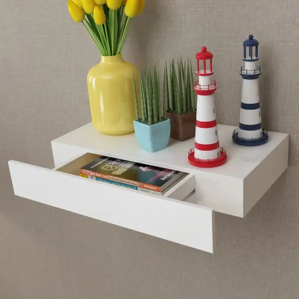 Raft de perete suspendat, 1 sertare, depozitare carti/dvd, alb, mdf