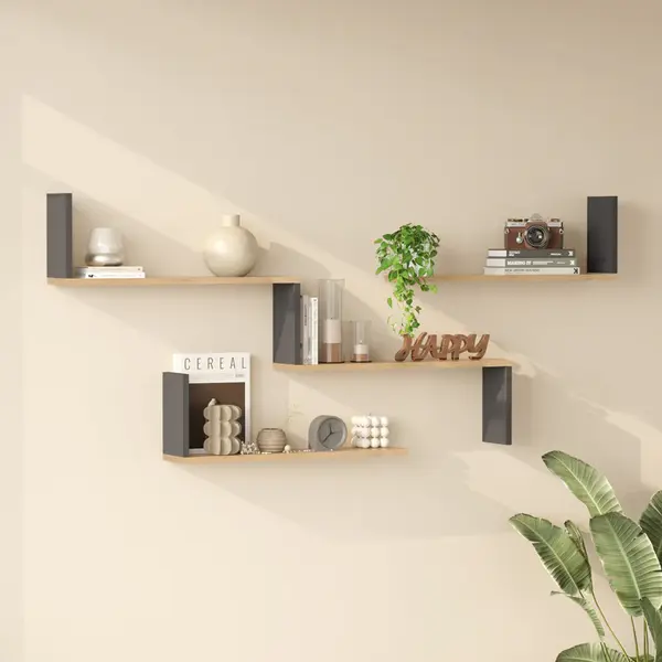 Raft de perete Wall shelf Flear stejar cu antracit color, Antracit - Stejar, 179x15x77 cm