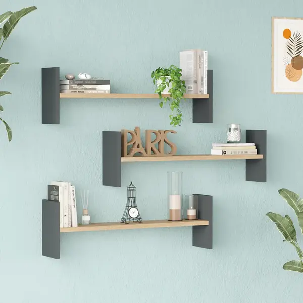 Raft de perete Wall shelf Mento stejar cu antracit color, Stejar - Antracit, 76x15x24 cm