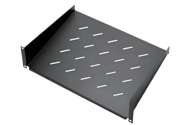 Raft fix 2U pentru rack 19 inch, capacitate 20 kg, otel laminat, prindere cu urechi, negru, SAF-FIX350-RK6002U