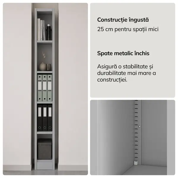 Raft metalic ingust, de arhivare pentru documente gri: TIM 250 x 1850 x 450 mm Raft metalic îngust de arhivare pentru documente, gri, 250x1850x450 mm: TIM