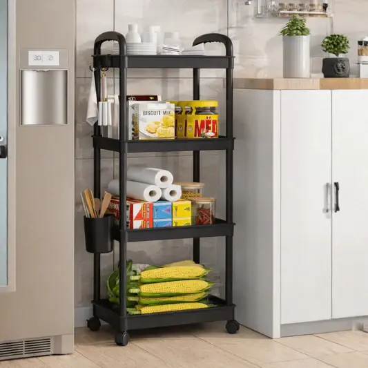Raft organizator cu 4 niveluri, mobil, multifunctional, cu roti si accesorii incluse 97x25,5x34,5 cm