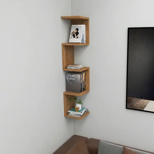 Raft suspendat tip zig-zag din PAL 22,3x22,3x111 cm, cu 4 polite, pentru carti si decoratiuni