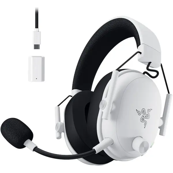 Razer Casti gaming wireless Razer Blackshark V3, microfon unidirectional, THX Spatial audio, izolare fonica activa, sistem sunet 7.1, frecventa 20 - 28000, autonomie 70 ore, alb