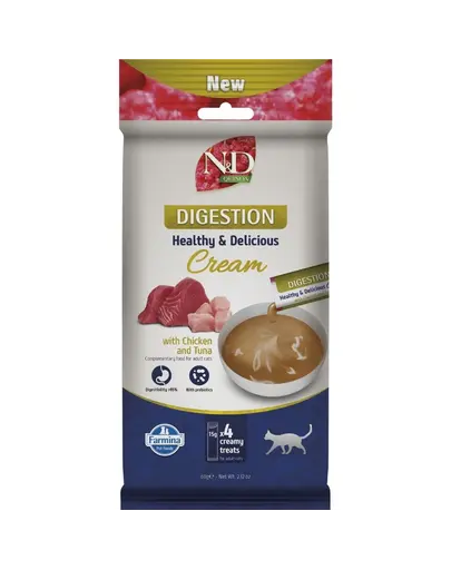 Recompensă cremoasă pisici cu digestie sensibilă FARMINA N&D Quinoa Digestion 4x15 g pui și ton