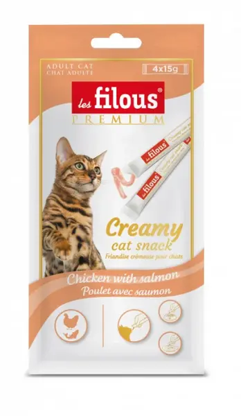 Recompense cremoase pentru pisici Les Filous, Pui si somon, 4 x 15g (6 bucati)