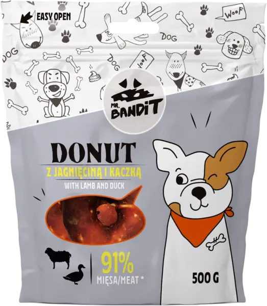 Recompense pentru caini Mr. Bandit Donut, miel si rata, 500g