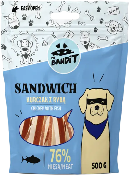 Recompense pentru caini Mr. Bandit SANDWICH, pui cu peste, 500g