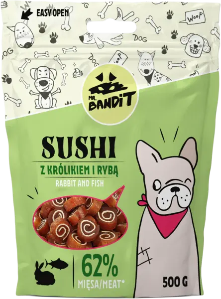 Recompense pentru caini Mr. Bandit SUSHI, iepure si peste 80g