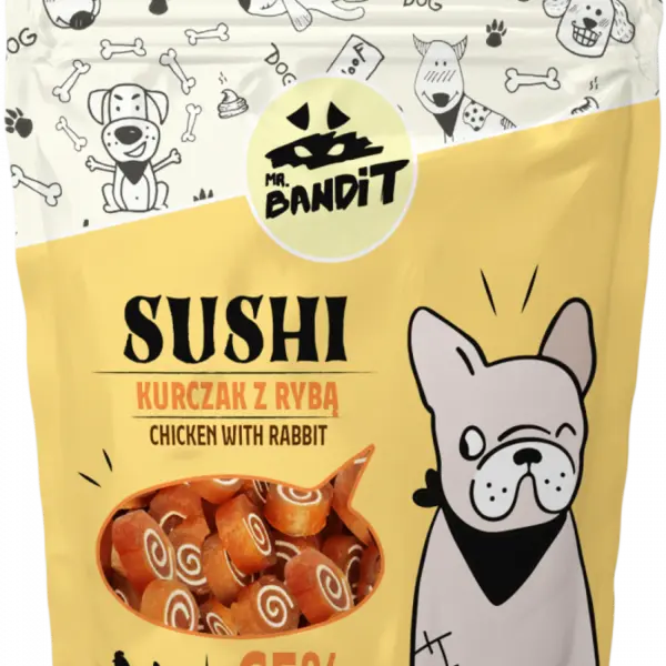 Recompense pentru caini Mr. Bandit SUSHI, pui si peste, 80g