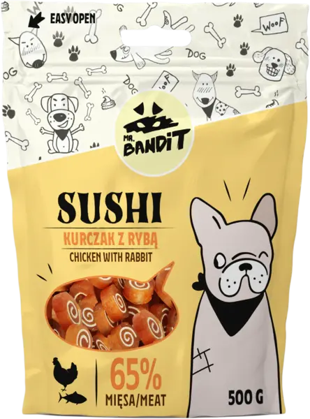 Recompense pentru caini Mr. Bandit SUSHI, pui si peste 80g