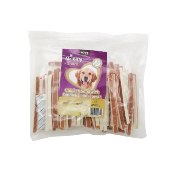Recompense pentru caini Mr. Biffy, sandwich pui si peste, 500g