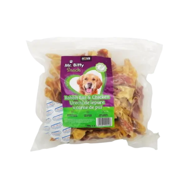 Recompense pentru caini Mr. Biffy, urechi de iepure si carne de pui, 500g