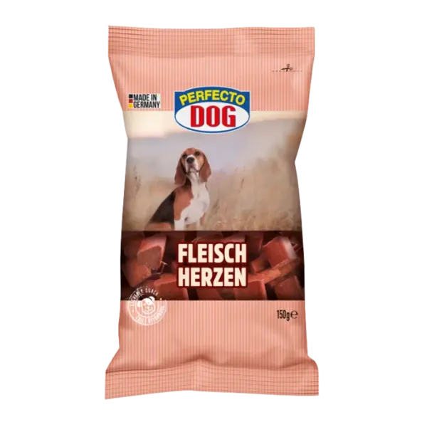 Recompense pentru caini Perfecto Dog, inimioare cu carne, 150g