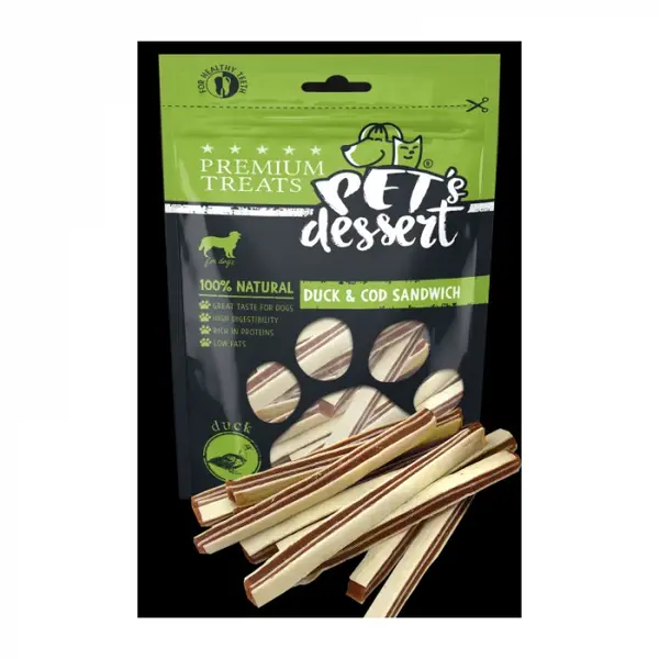 Recompense pentru caini Pet s Desert Duck Cod Sandwich 80 gr