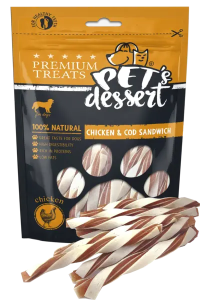 Recompense pentru caini Pet s Dessert Chicken Cod Sandwich 80 gr