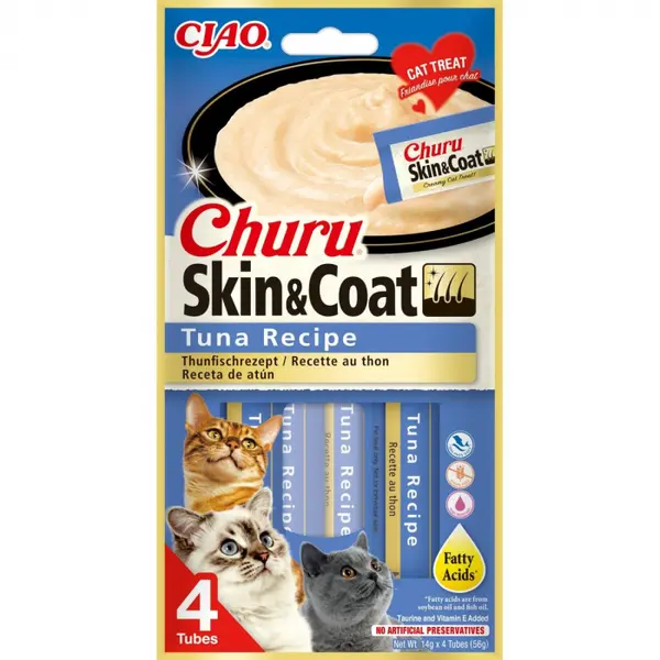 Recompense pentru pisici Inaba Ciao Churu Skin Coat, Ton, 4 x 14g