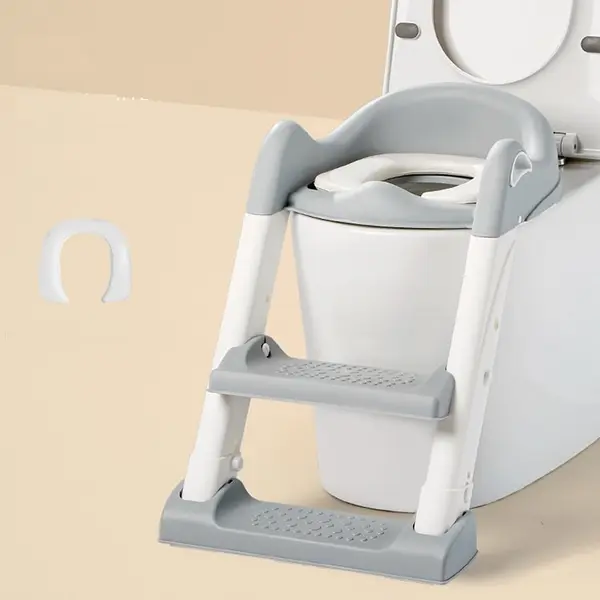 Reductor toaleta pentru copii Little Mom Grey, pliabil, cu trepte antiderapante, manere ergonomice si treapta reglabila pe 2 nivele de inaltime, colac moale din spuma PVC, design anti-stropire, compatibilitate universala