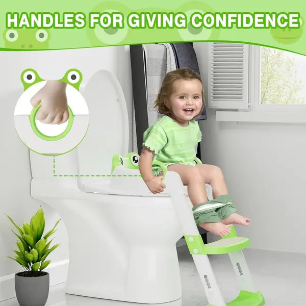 Reductor WC copii Little Mom Green Frog, pliabil, cu colac detasabil moale din PU, inaltime reglabila pe 5 nivele, manere ergonomice si protectie antistropire, compatibilitate universala, baza antiderapanta